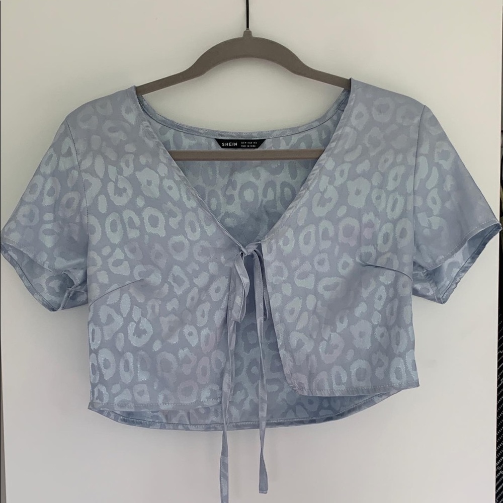 SHEIN light blue leopard print silk tie shirt